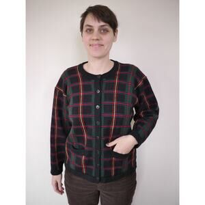 Vintage JAEGER Plaid 100% Lambs WOOL Womens Sweater CARDIGAN UK Made 38